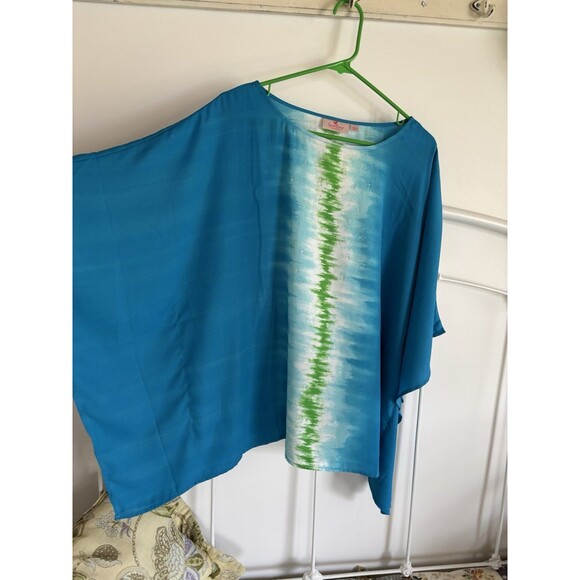 Women’s Quacker Factory Poncho Dressy Shirt Top Blue Green Summer Resort Large - Picture 2 of 5